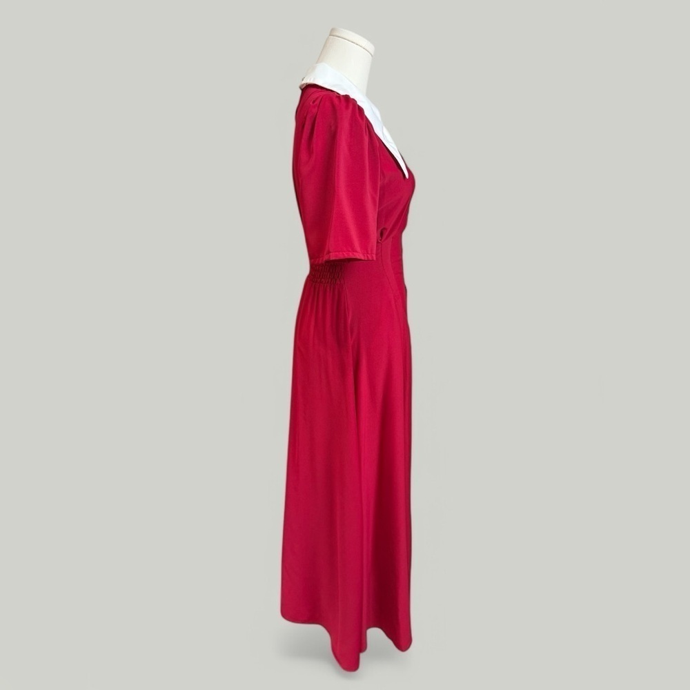 Dress Women Size Small Red Long Exaggerated Collar Puff Sleeves Sinch Waist - Picture 4 of 10